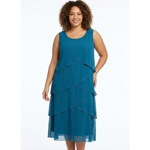 Teal Blue Tiered Asymmetric Chiffon Midi Dress Plus Size 2XL Wedding Guest